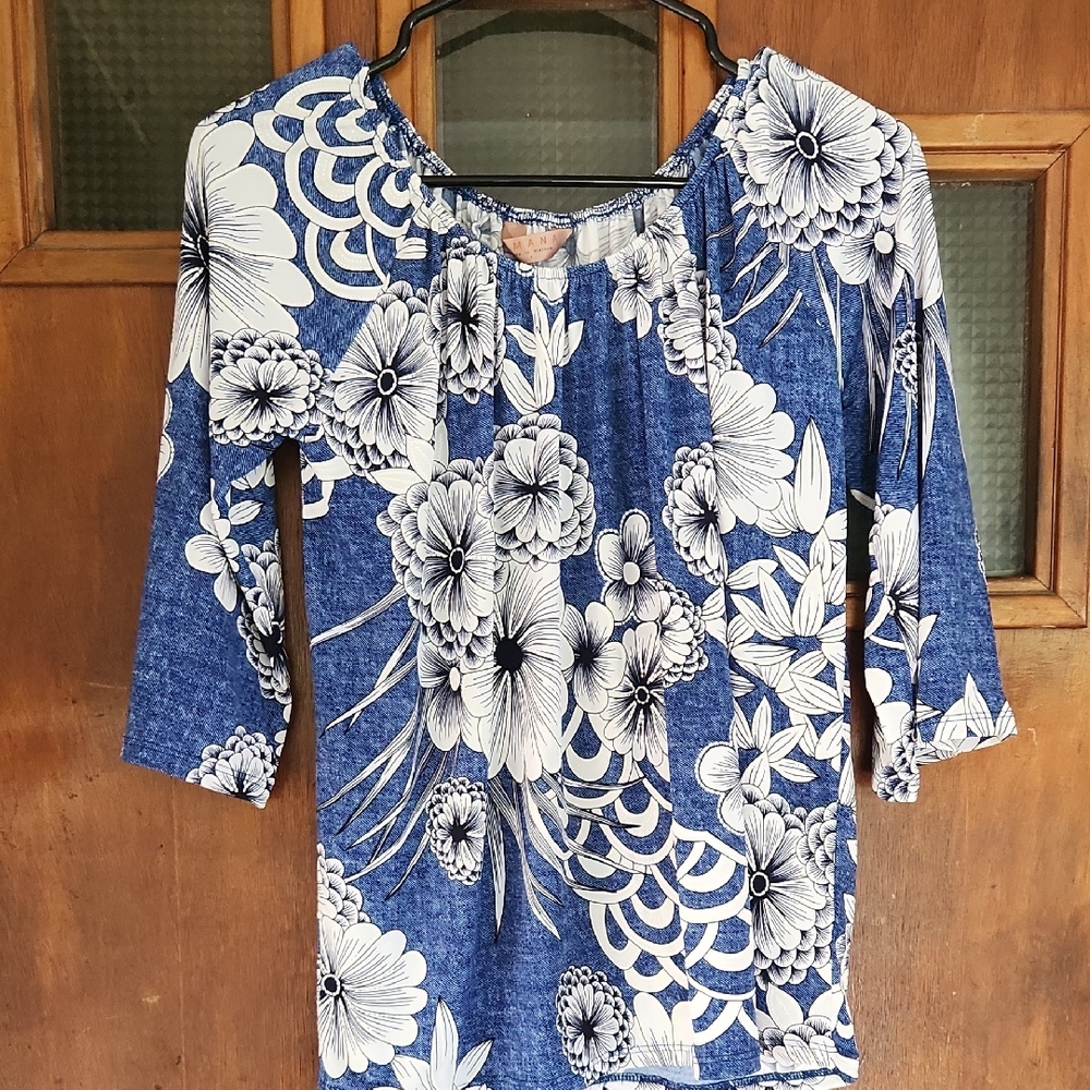 Amiana Blue and White Floral Off-Shoulder Blouse